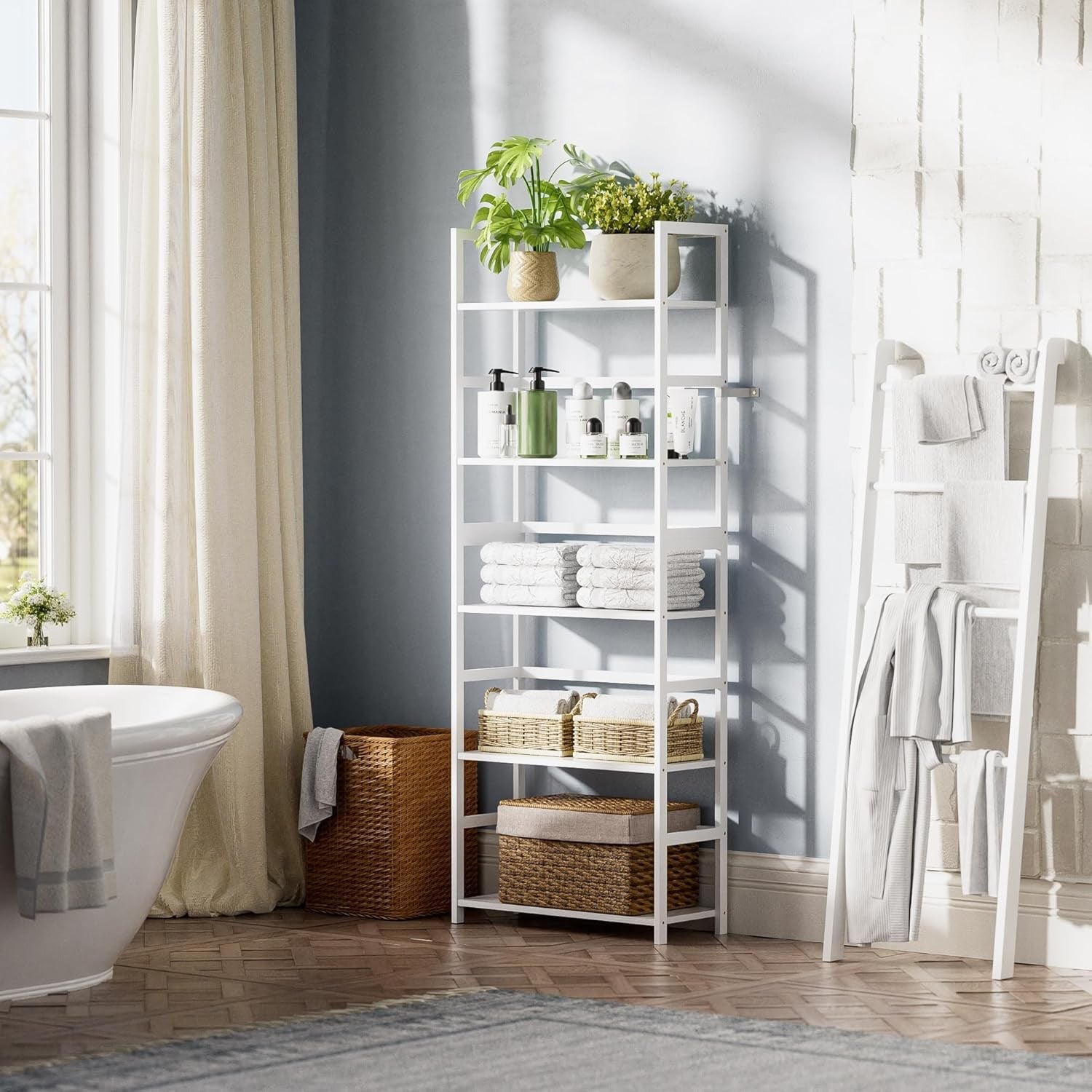 White 5-Tier Industrial Bookshelf, Tall Bamboo Frame Display Storage Unit