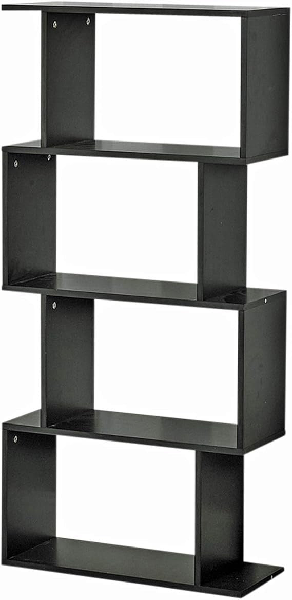 Modern S-Shaped 4 Tier Bookcase Display Shelf – Space Saving Storage Unit Black