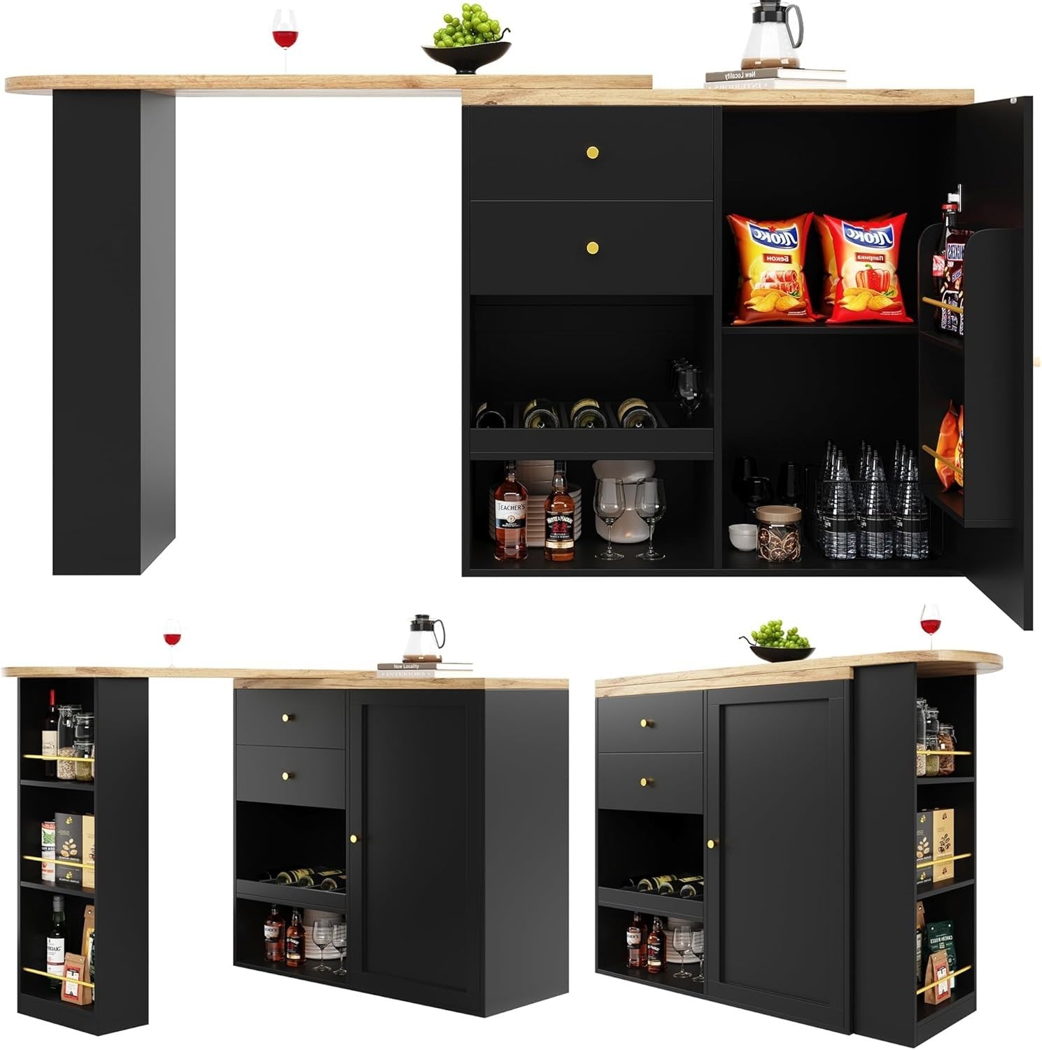 360° Swivel Bar Table with Shelves Drawers Sliding Door Black Modern Storage