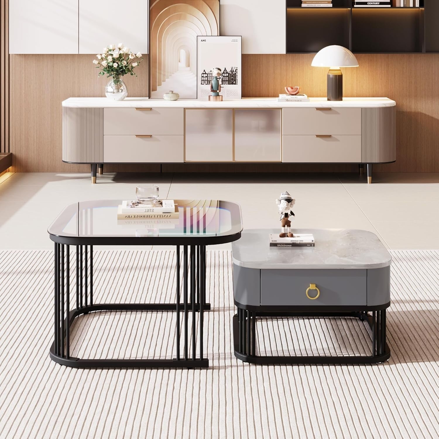 Modern Glass Nesting Coffee Table Set with Drawer – Marble & Black Frame