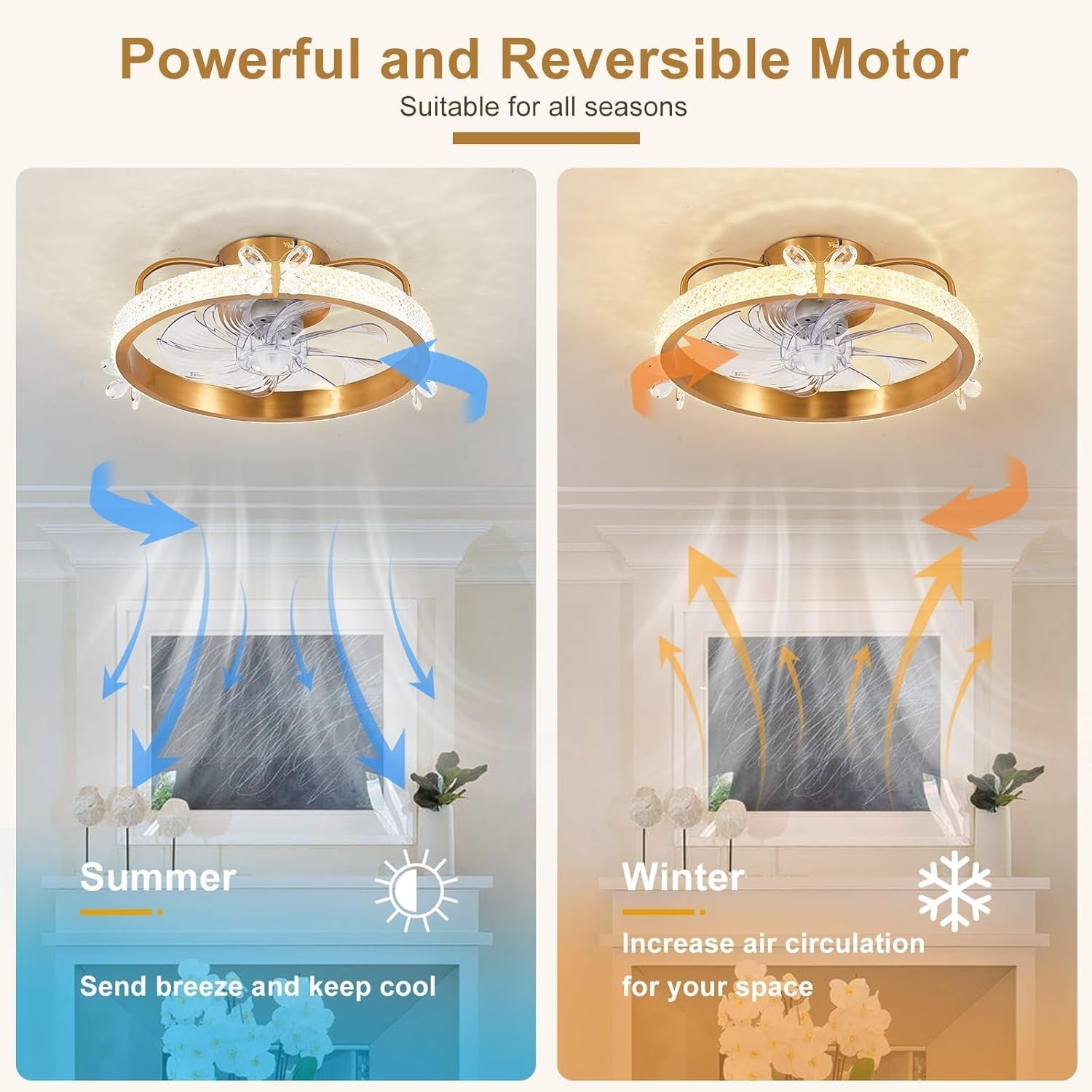 19" Gold Caged Ceiling Fan with Light, Crystal, Remote, 6-Speed