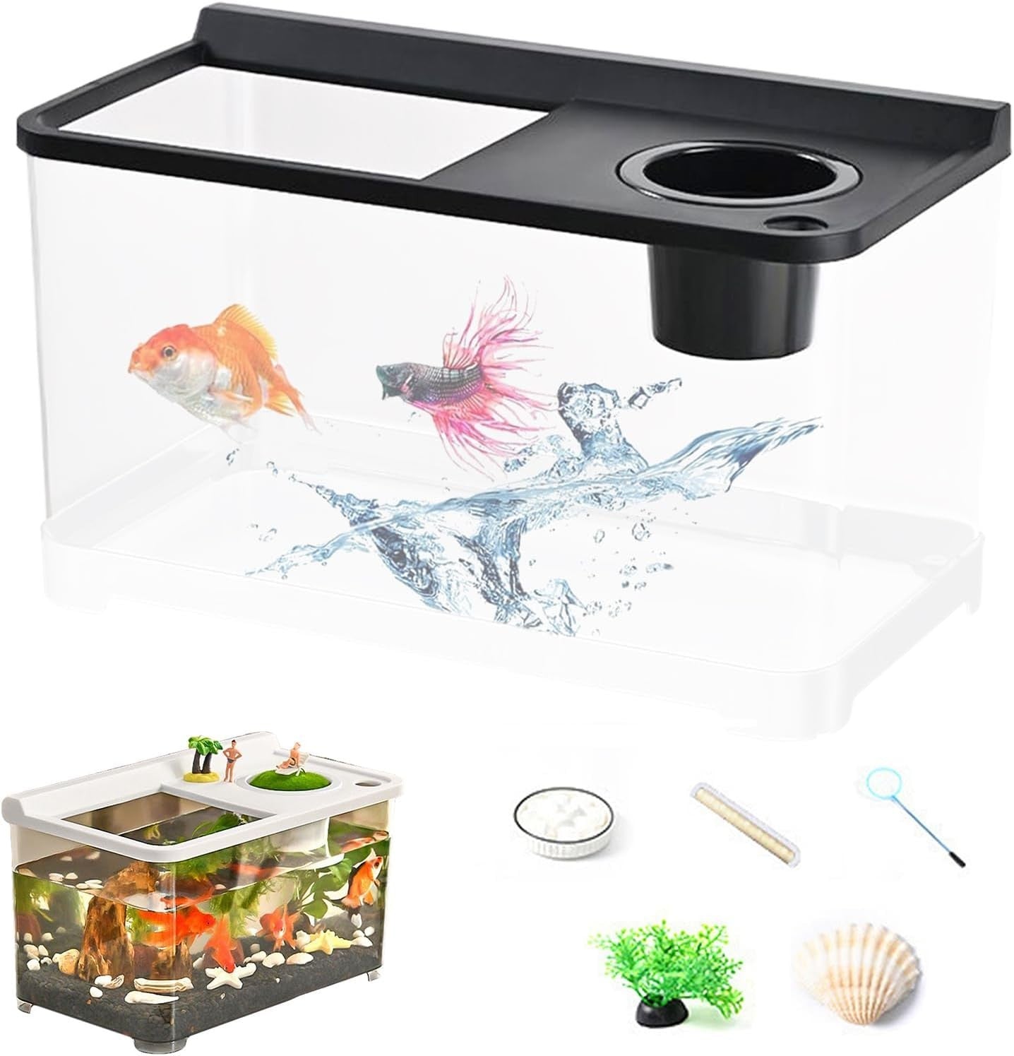 Small Betta Fish Tank 360° Clear Tri-Color LED Aquarium