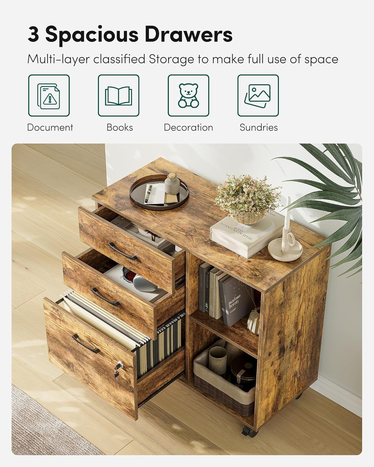 Rustic Brown Mobile Filing Cabinet 80cm Lockable Printer Stand