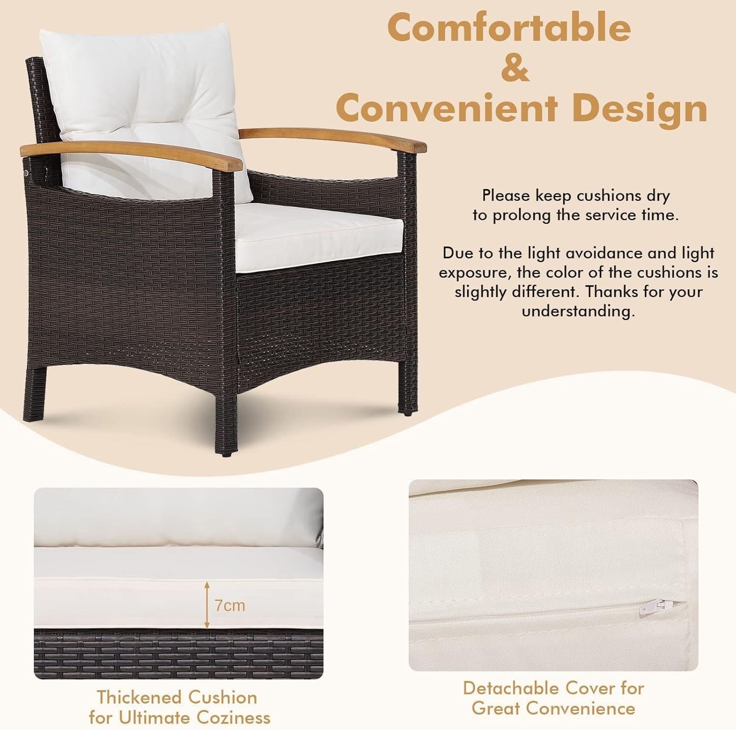 3-Piece Outdoor Rattan Sofa Set with Cushions & Acacia Wood Table Patio Garden