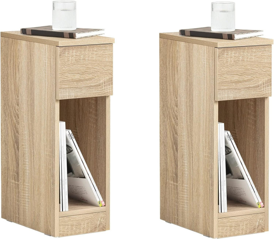 Set of 2 Oak Effect Slim Bedside Tables with Drawer & Shelf | Modern