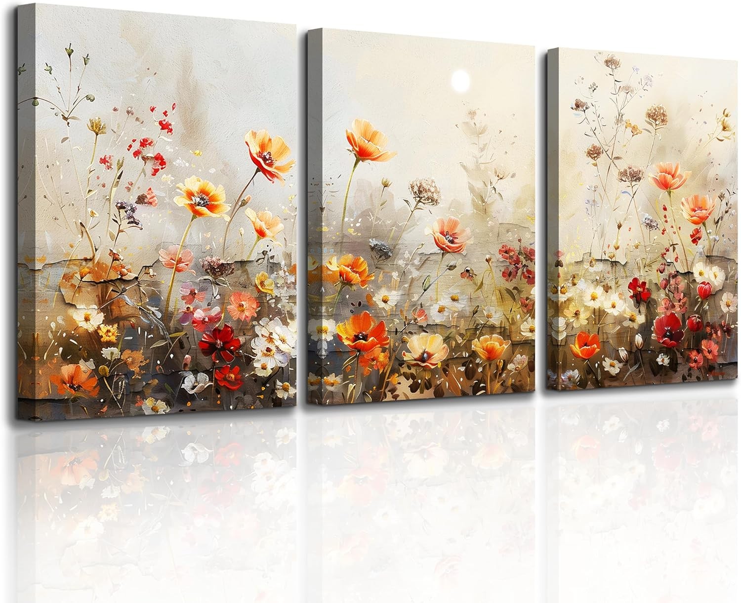 Canvas Wall Art Set of 3 Red Flower Prints Modern Living Room Decor