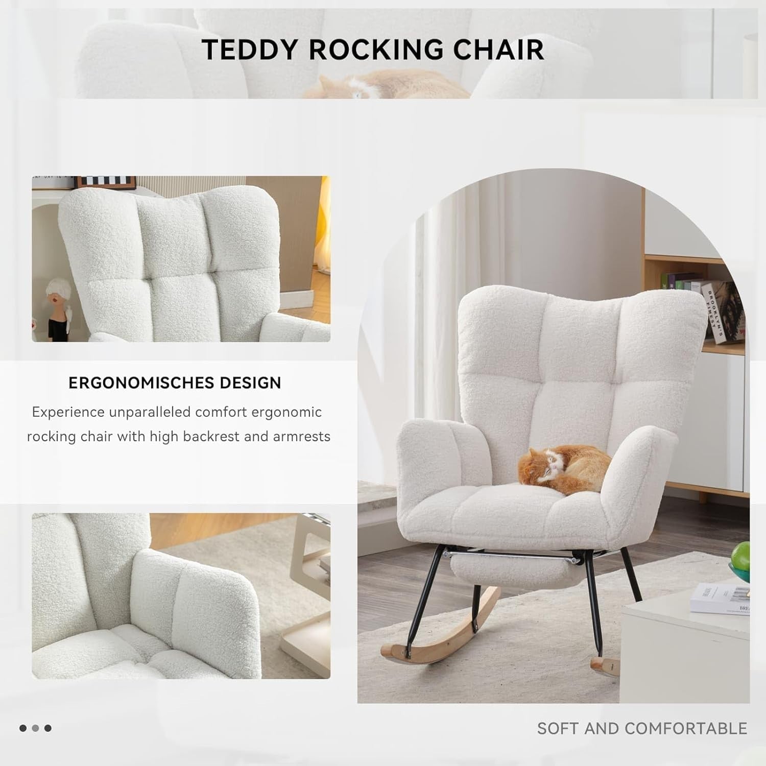 Ergonomic Nursing Rocking Chair with Footstool | Cozy Teddy Fabric, Durable Fram