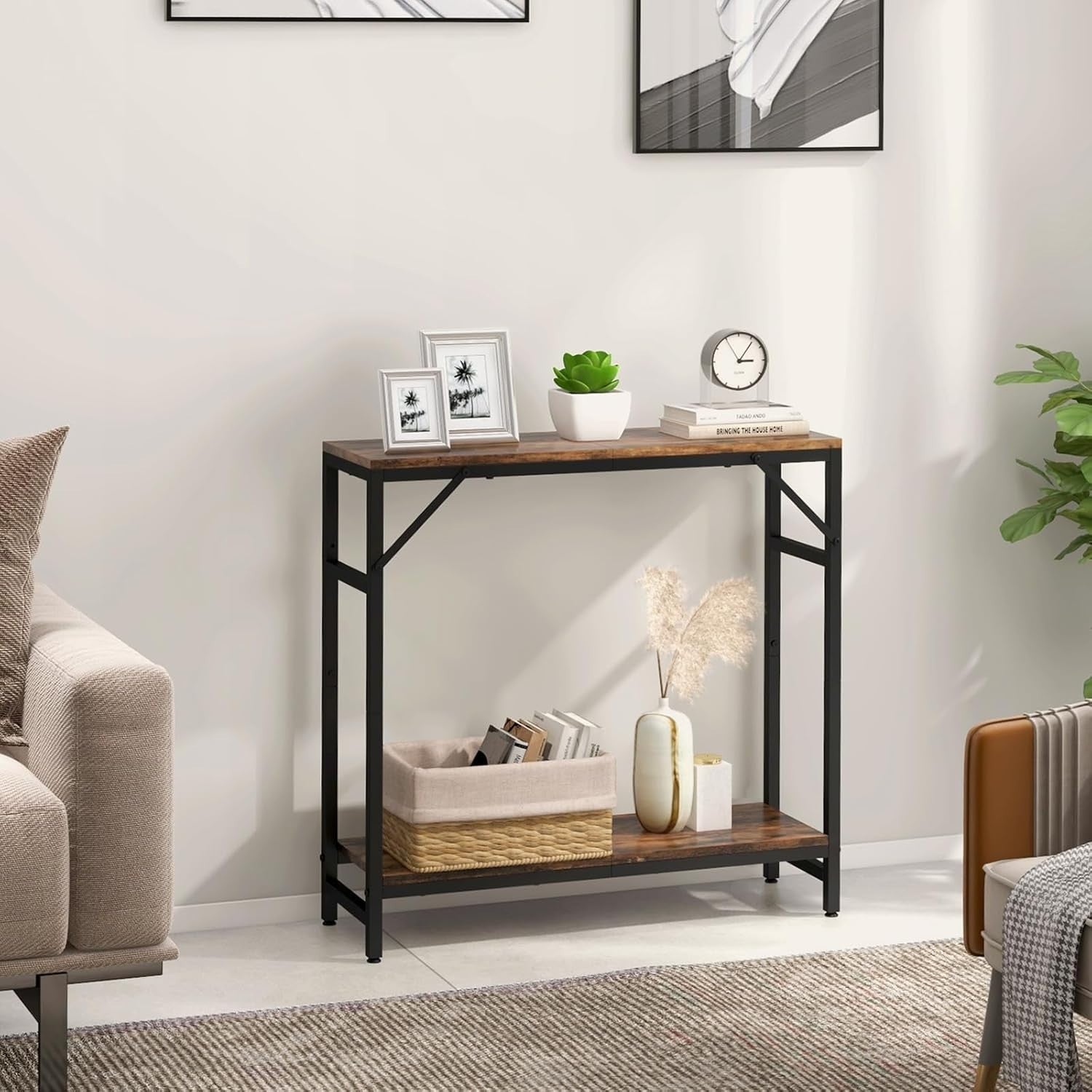 Narrow Sofa & Console Table 2-Tier Storage, Sturdy Wood & Metal, Multiuse