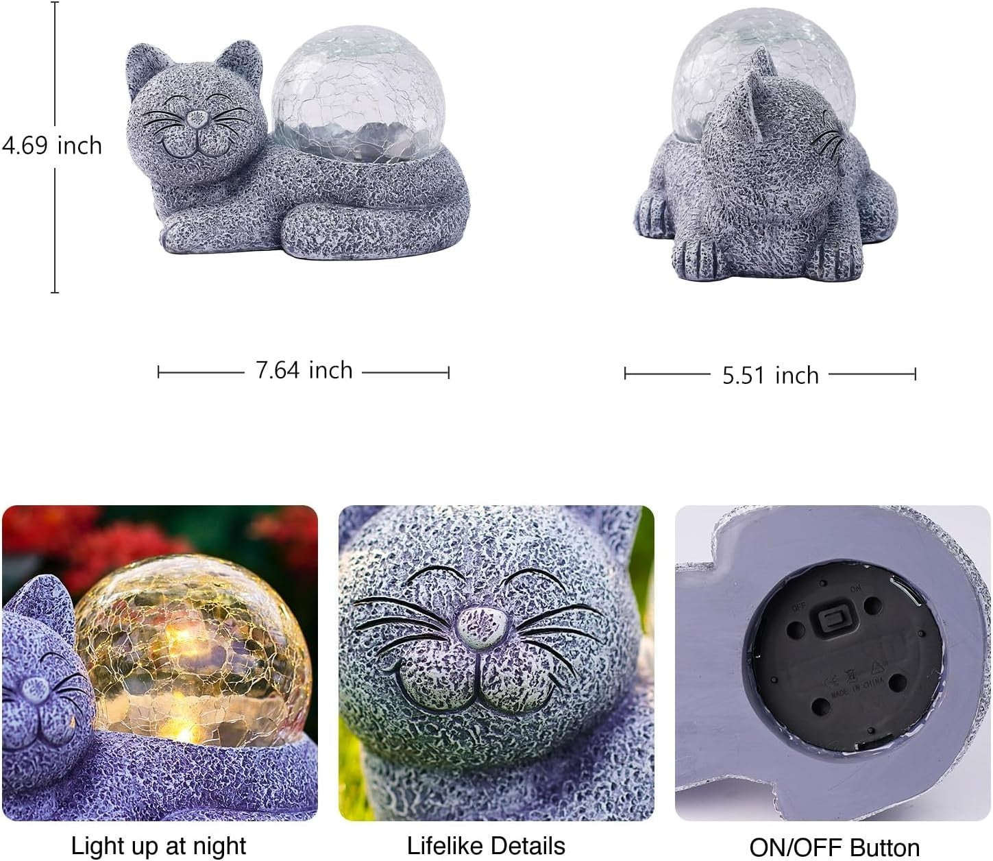 Solar Cat Garden Ornament with Crackle Ball Light – Waterproof LED Outdoor Decor