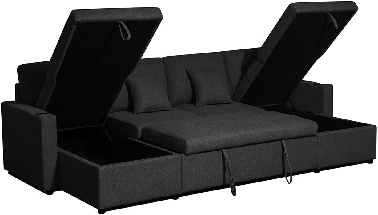 Black Bonded Leather U-Shaped 4 Seater Sofa Bed with Storage Ottoman