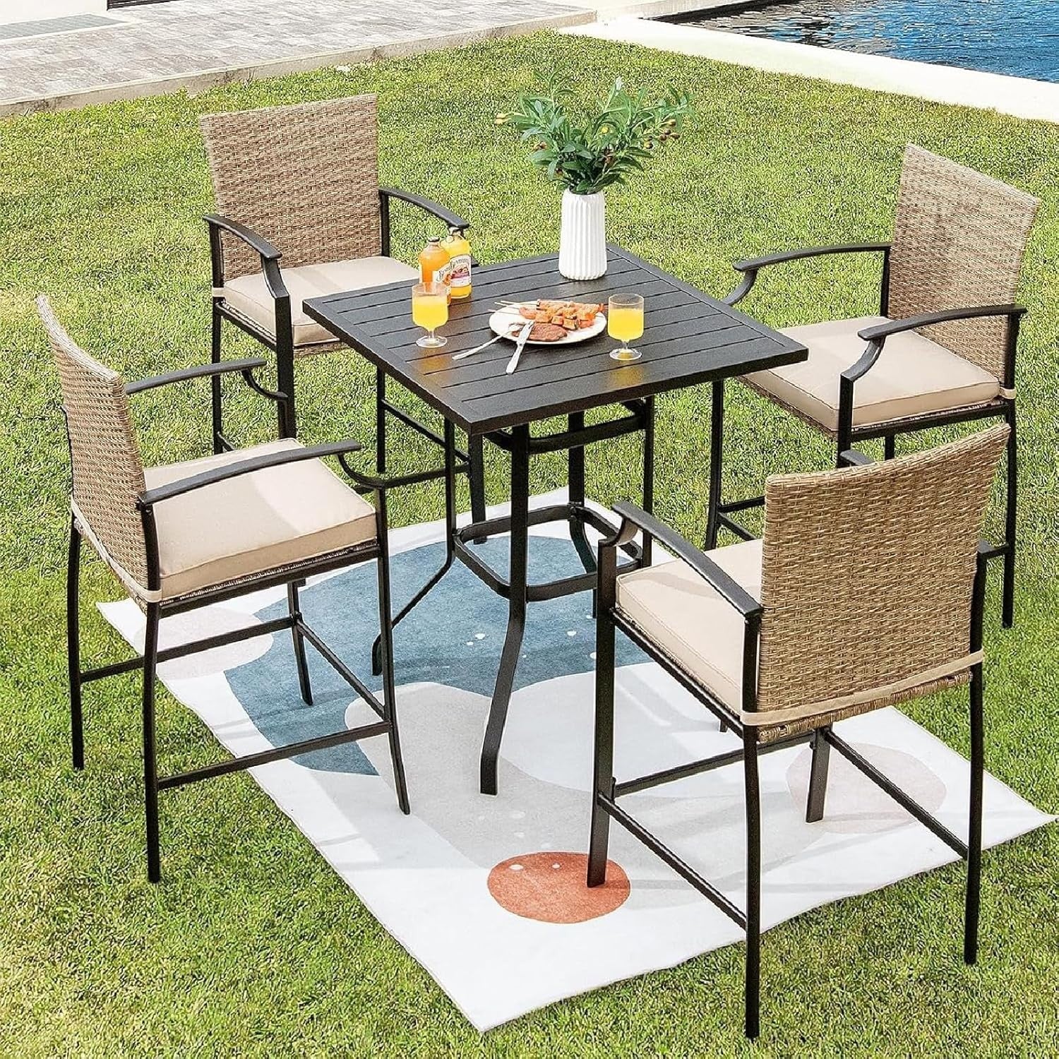 Rattan Bar Chairs Set of 4 High Back Patio Stools Cushioned Garden Seating
