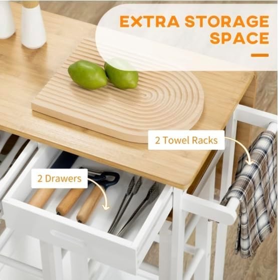Folding Bamboo Dining Table Set with Stools White Compact Drop Leaf Cart