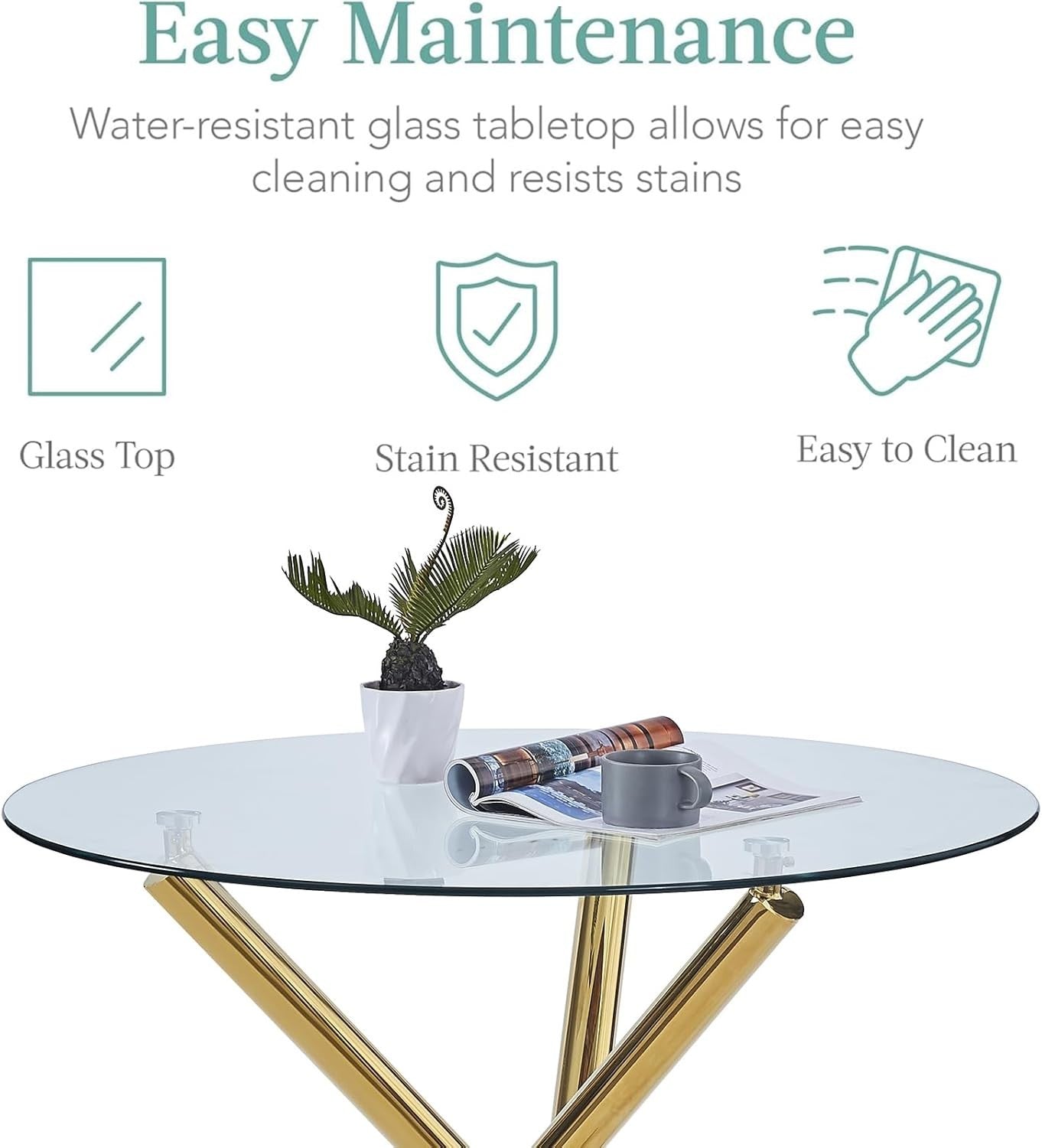 Gold Round Glass Dining Table Set 4 Faux Leather Chairs Compact Room