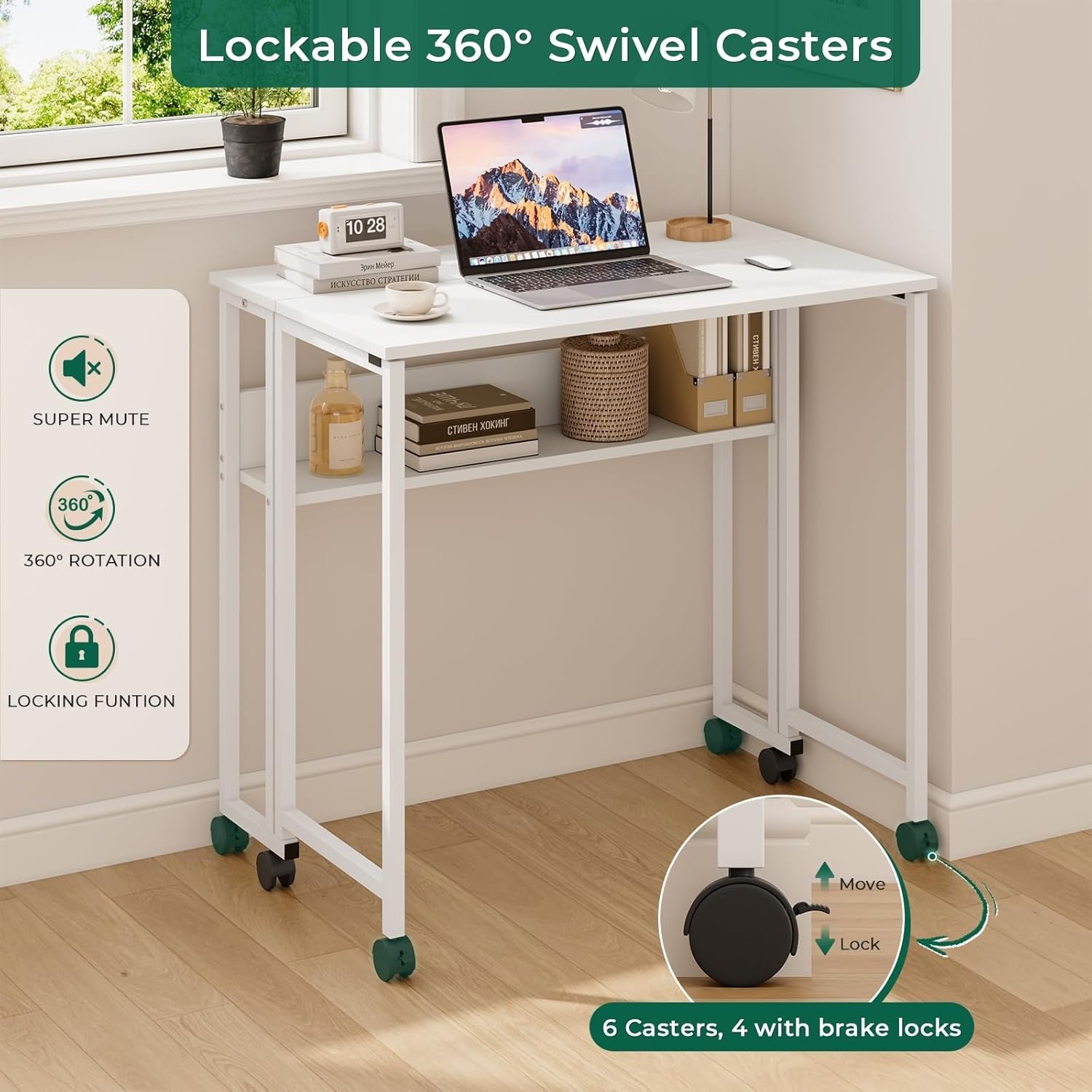 Folding Computer Desk Rolling Laptop Table with Storage Shelf Wheels White