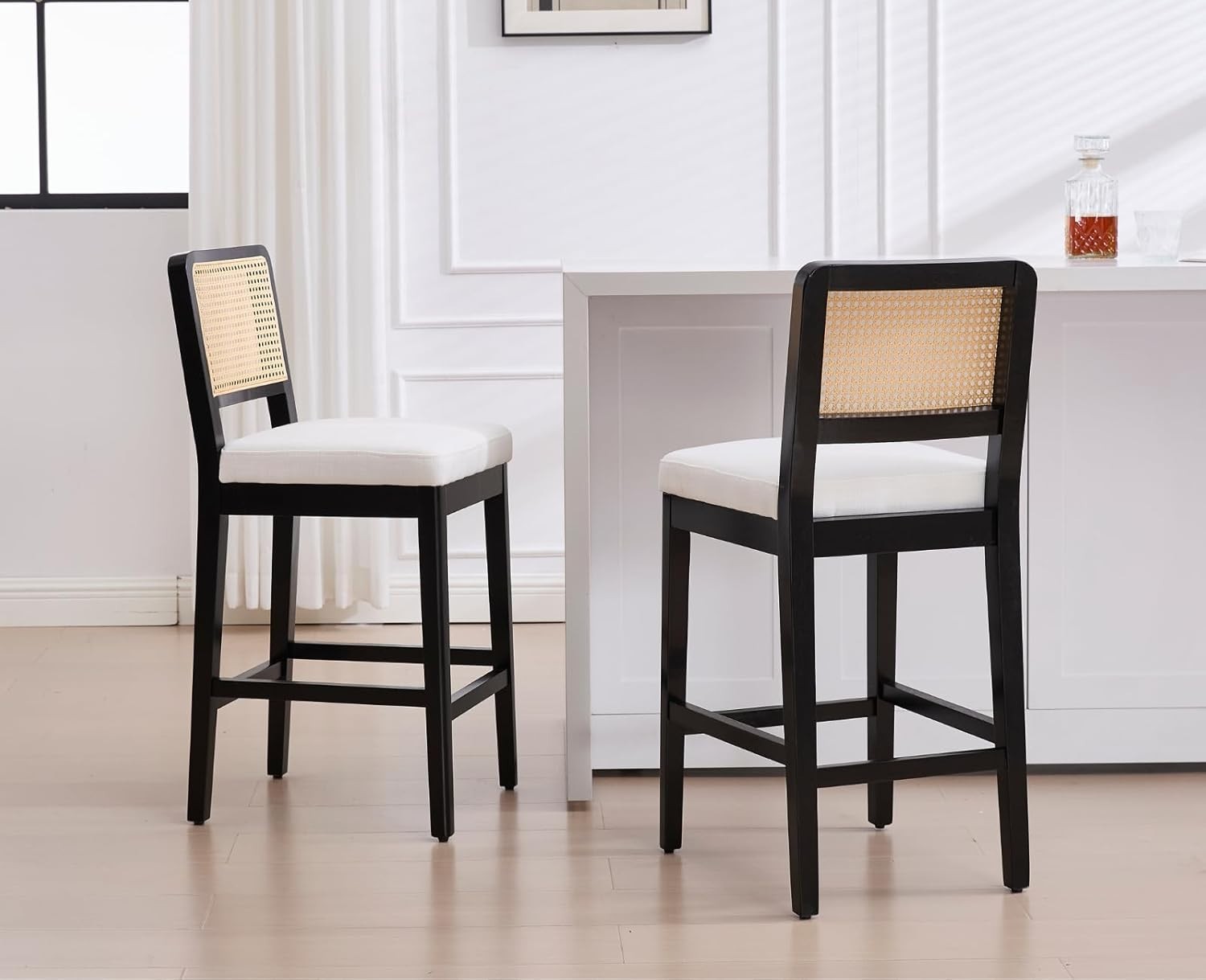 lack Linen Bar Stool Set of 4 with Rattan Back Wooden Legs