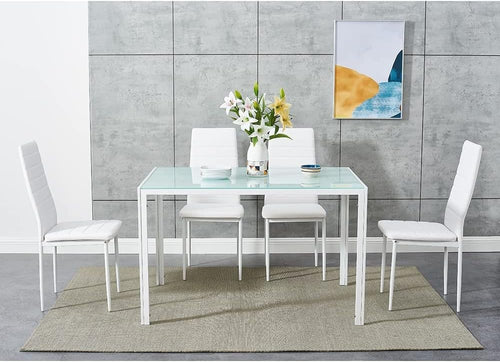 White Tempered Glass Dining Table Set 4 PU Leather Chairs – Modern & Compact
