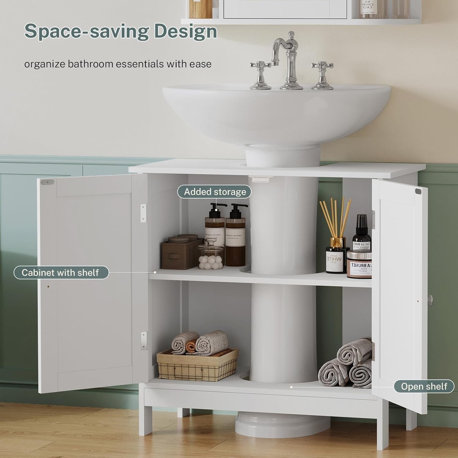White Under Sink Bathroom Cabinet – 2 Door Vanity Unit with Shelf Storage