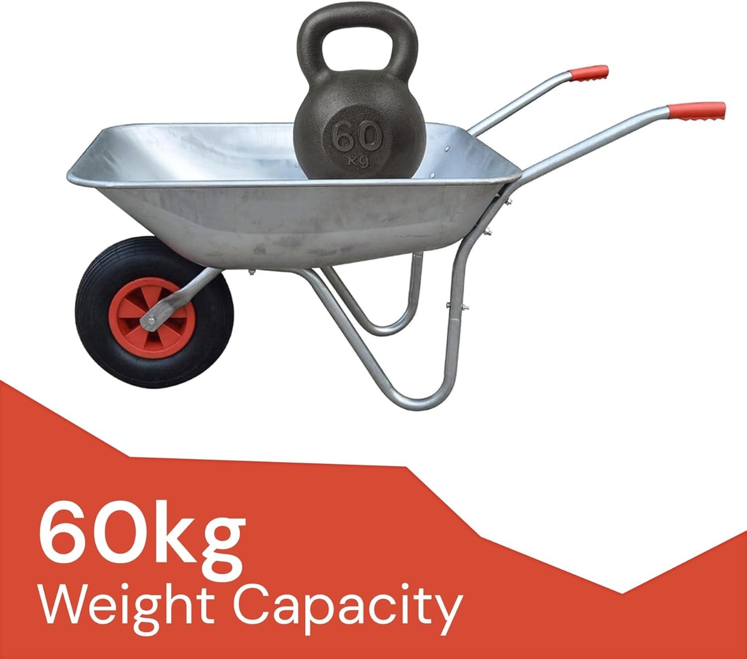 65L Steel Wheelbarrow – Galvanised Tub w/ Pneumatic Tyre & Easy-Grip Handles