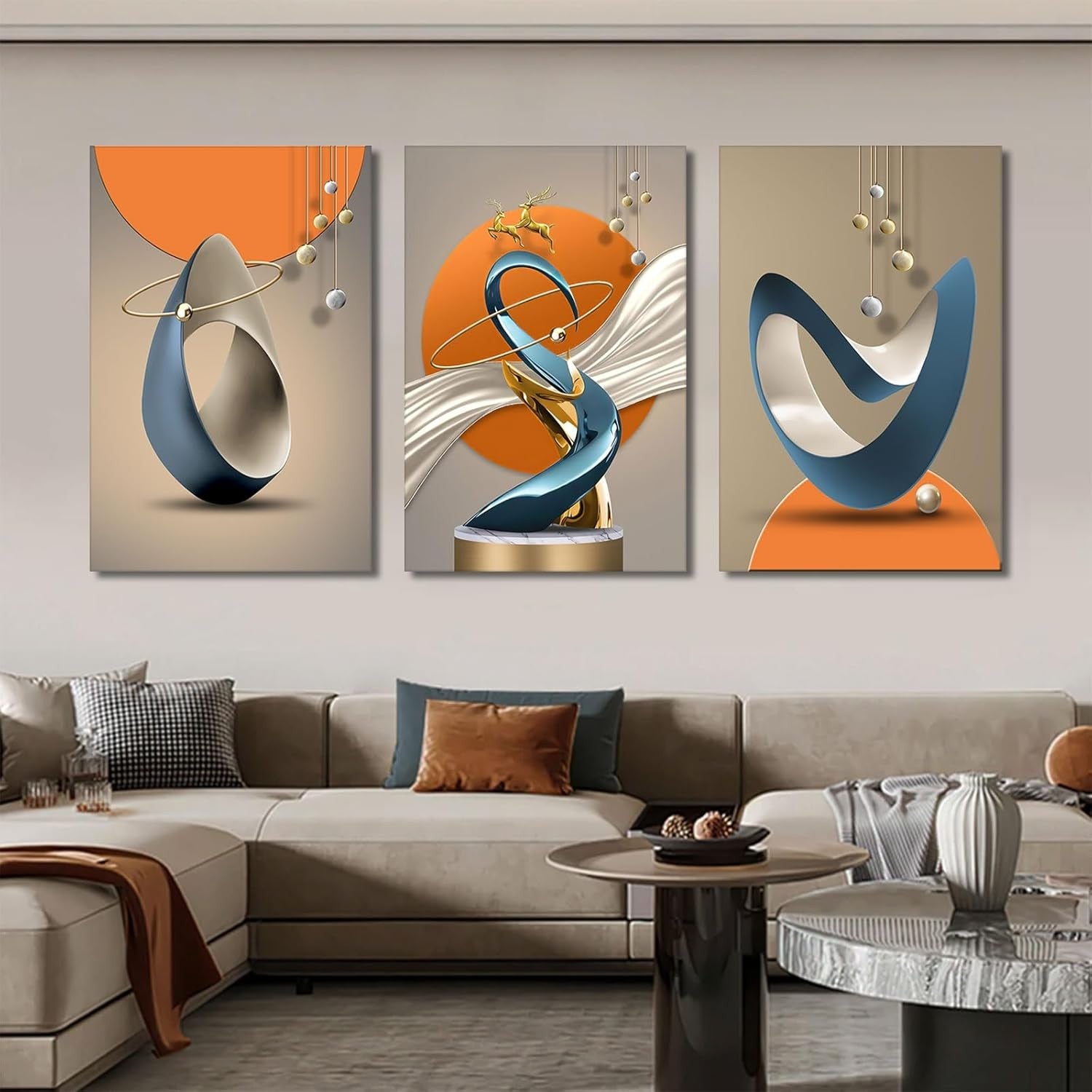 3Pcs Modern Abstract Canvas – Gold Deer Lines White Blue Orange Wall Art