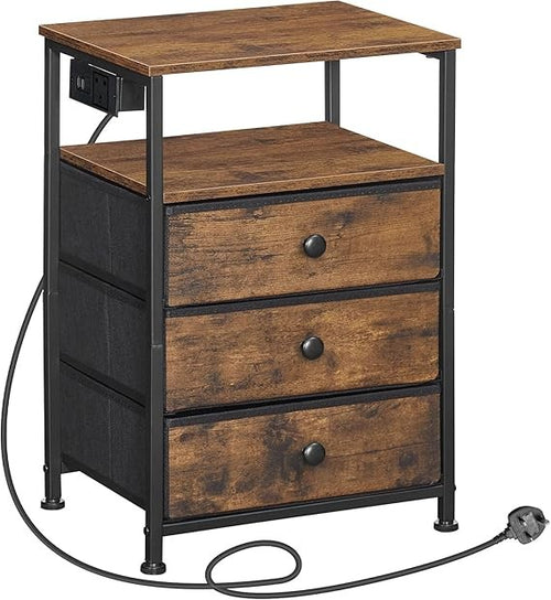 Rustic Bedside Table with Charging Station, 3 Drawers, USB Ports Modern