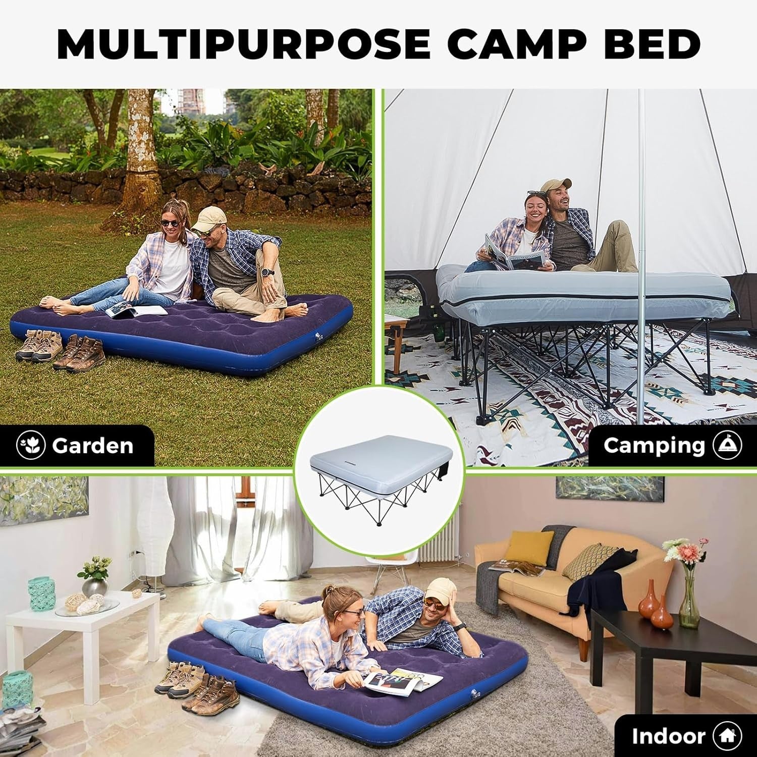 Double Inflatable Camping Bed Cot for 2 Adults | Portable Air Mattress + Side Ta