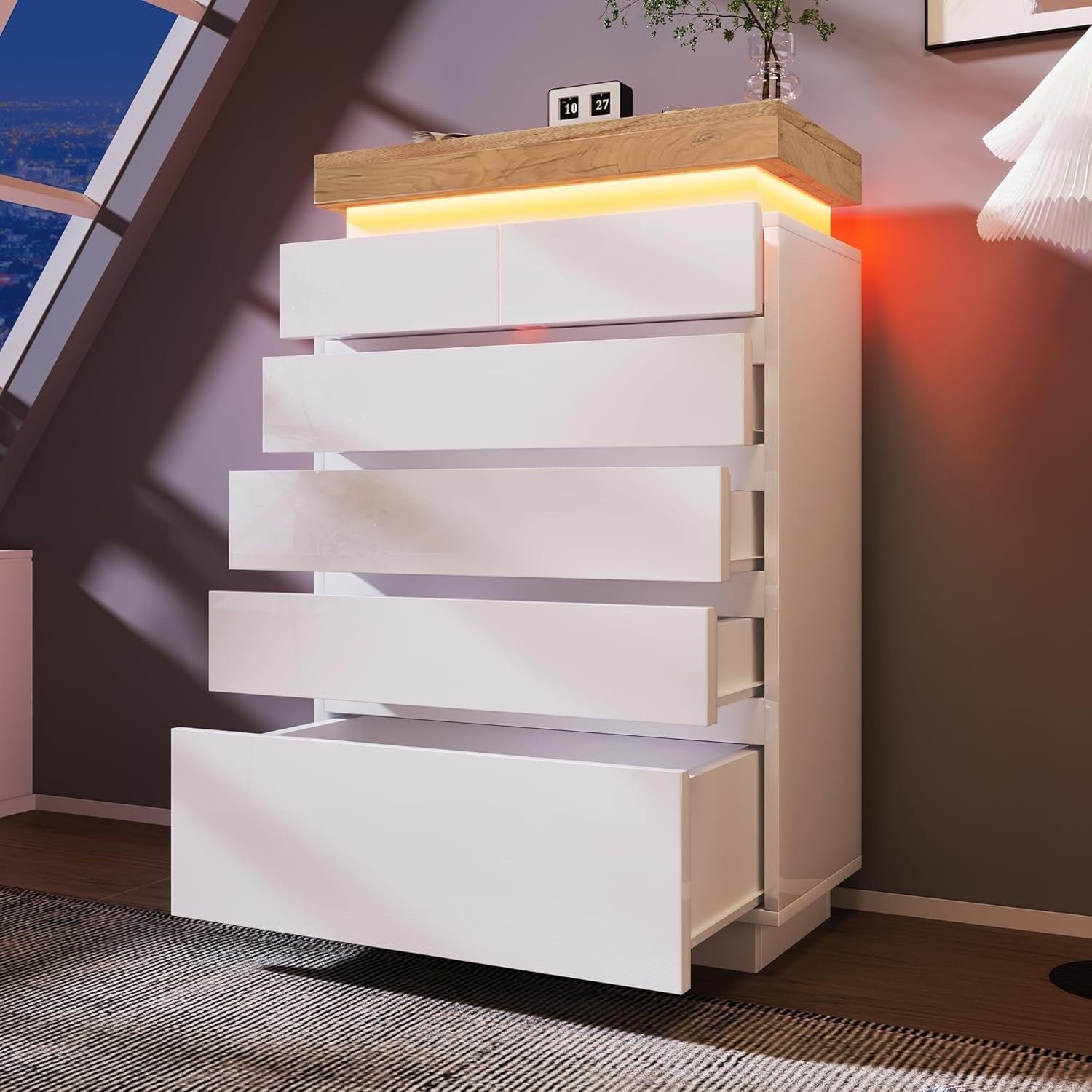 Modern White Gloss Sideboard Cabinet 6 Drawers LED Light Storage