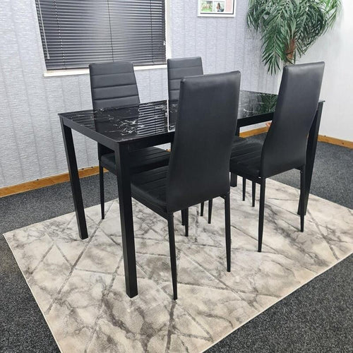 Black Glass Marble Dining Table Set with 4 Faux Leather Chairs Modern