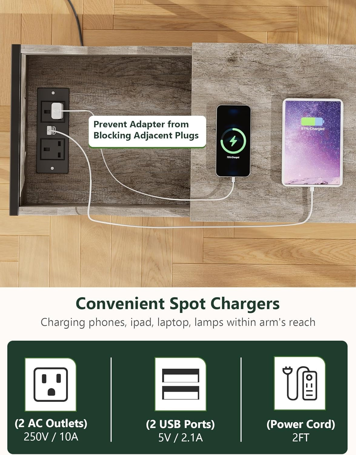 Light Wood Narrow Bedside Table with USB Charging Ports & Storage