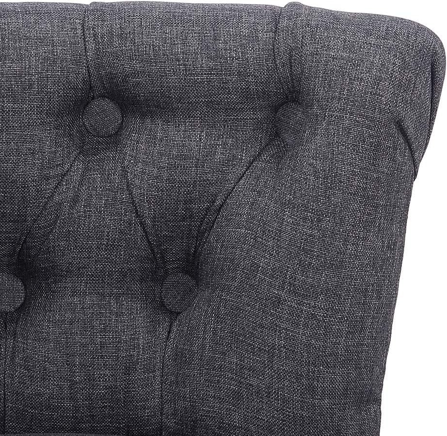 Grey Linen High-Back Vanity Chair – Padded Dressing Stool with Wood Legs
