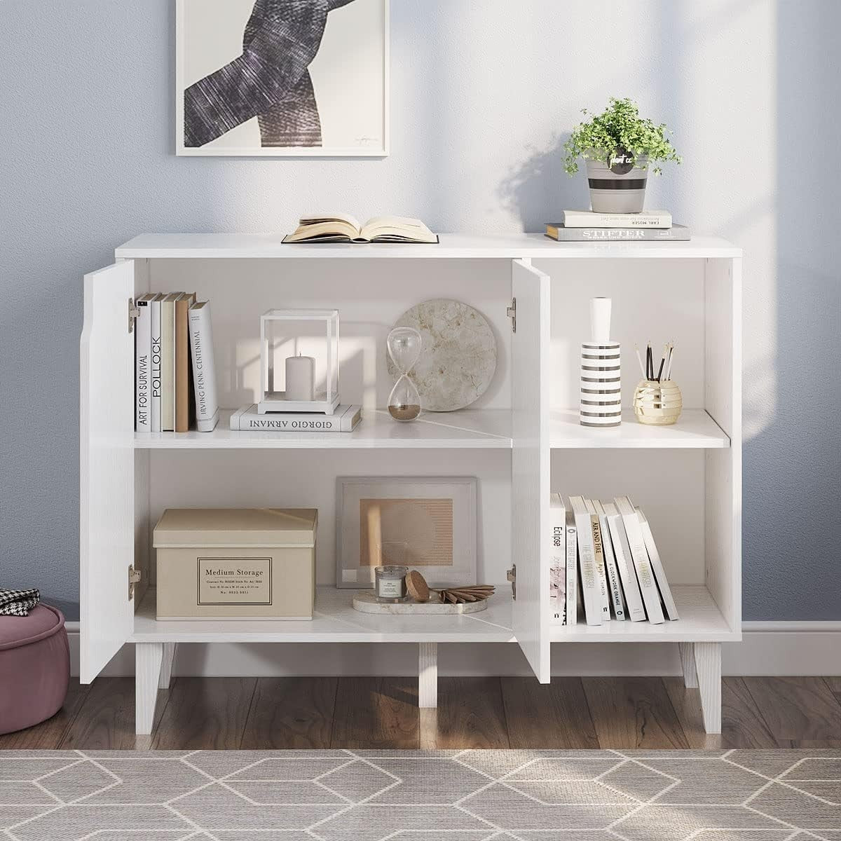 White Sideboard Buffet Cabinet with Doors & Shelves – Modern Storage Unit