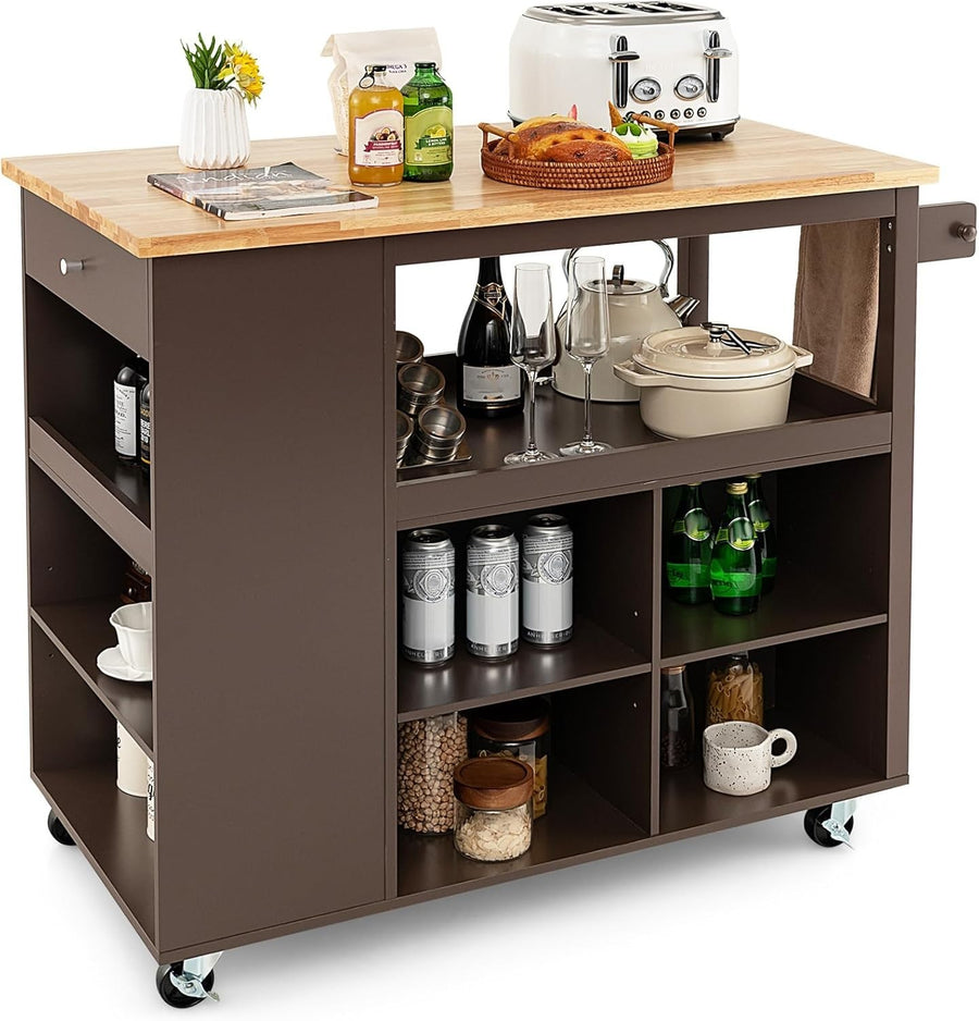 Large Brown Kitchen Island Cart Rubber Wood Top