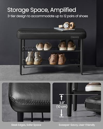 Mid Century Shoe Bench 3 Tier Storage Seat Faux Leather 135kg Load 80cm Black