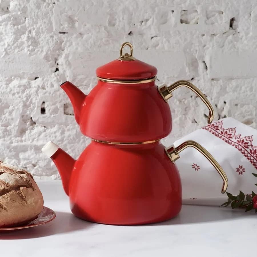 Red Enamel Turkish Tea Kettle Set 1.1L Teapot 2.3L Induction Safe