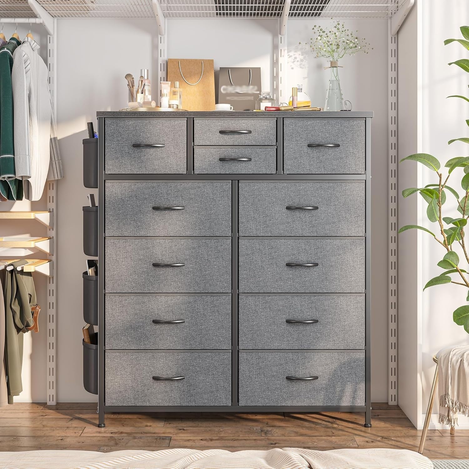 Grey 12 Drawer Tall Fabric Dresser Storage Cabinet w/Side Pockets Bedroom