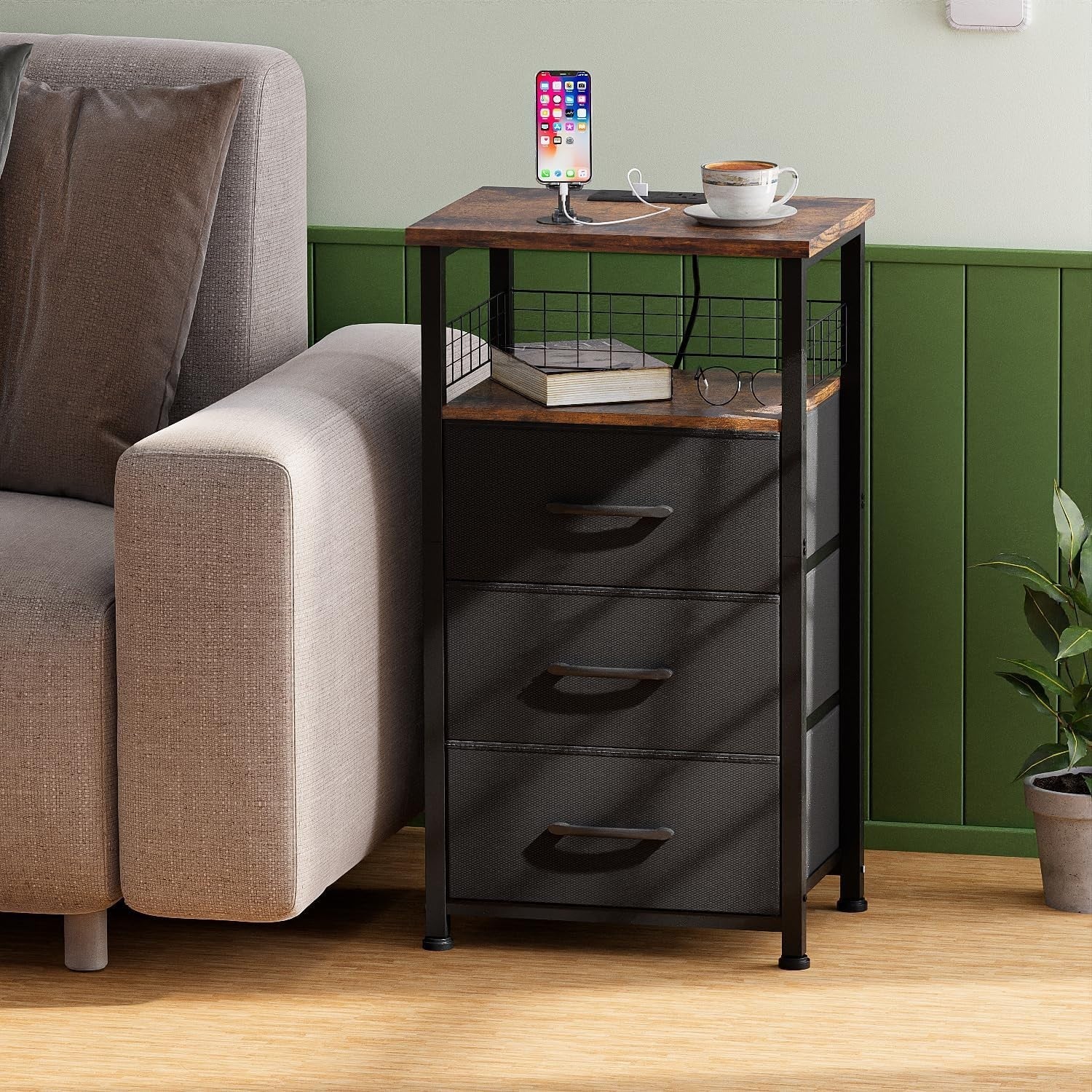 Set of 2 Rustic Brown LED Bedside Tables with 3 Drawers & USB Charging Ports