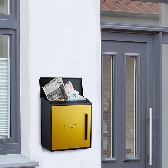Wall Mounted Lockable Steel Letterbox Black-Yellow DIN A4 Slot Weatherproof