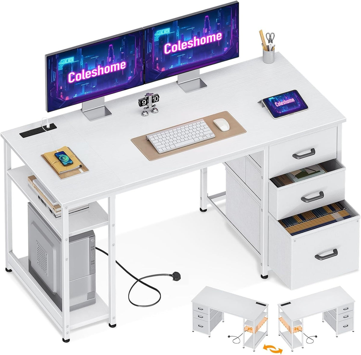 White 130cm Office Desk w/3 Drawers, Shelves & Power Outlets | Reversible Study