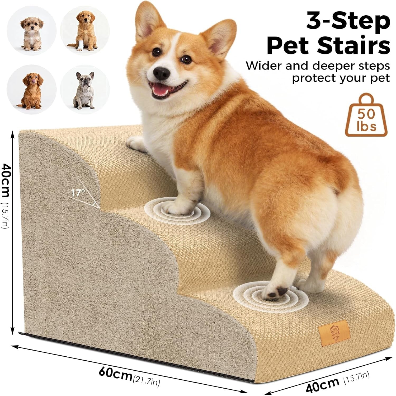 Beige 3 Step Dog Ramp Stairs 30D Foam Waterproof 60x40x40cm