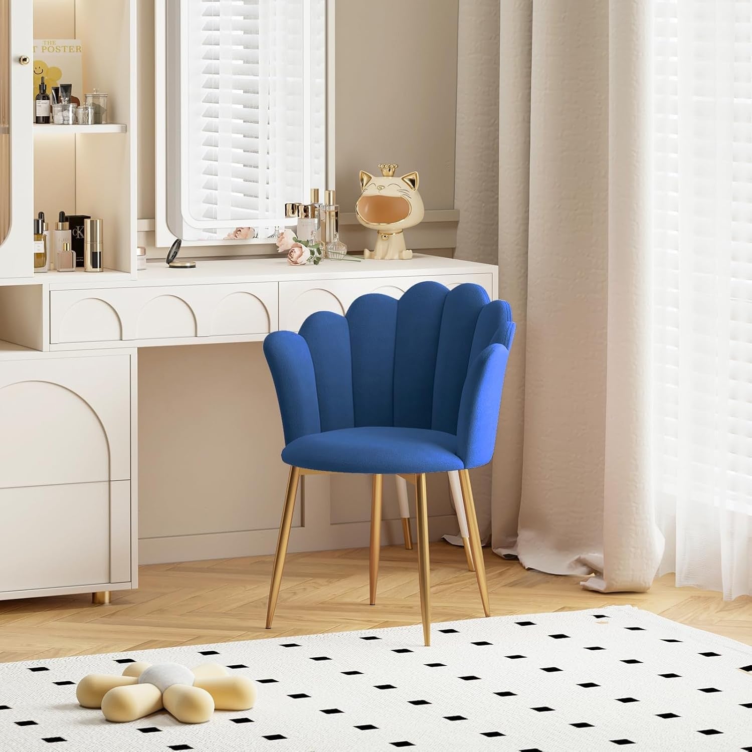 Velvet Vanity Chair Shell Back Gold Metal Legs Blue