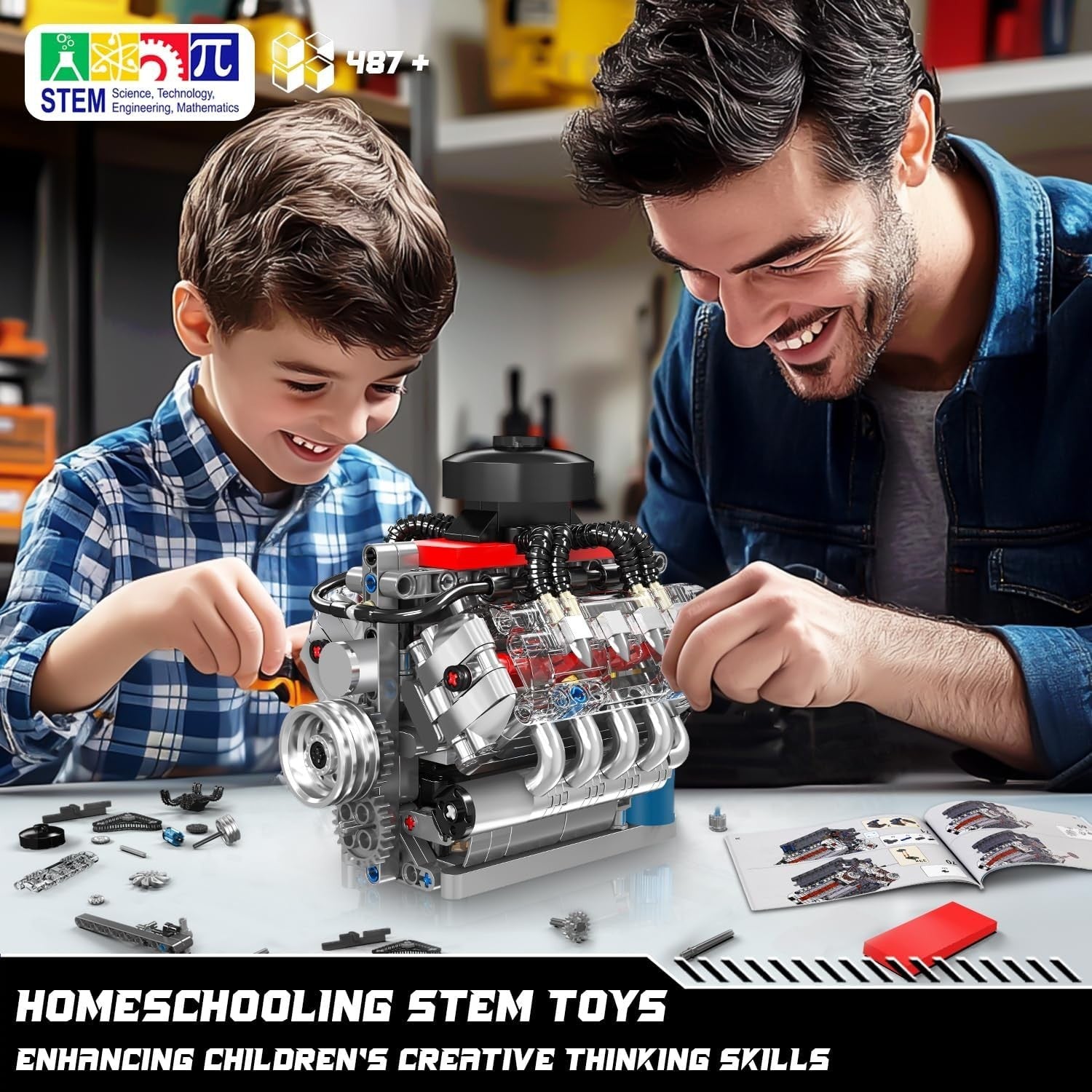 Realistic DIY V8 Engine Model Kit - 487pcs STEM Toy, Moving Parts, Kids & Adults