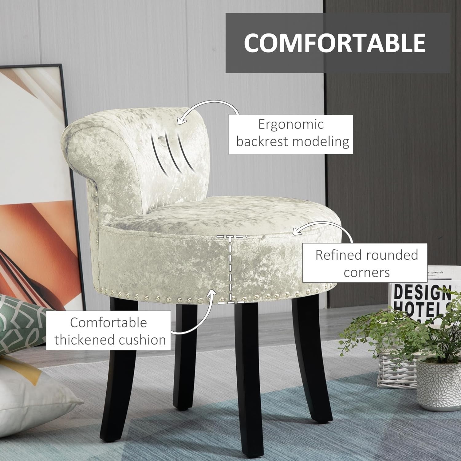 Beige Ice Velvet Dressing Table Stool Rubber Wood Legs Padded Vanity Seat