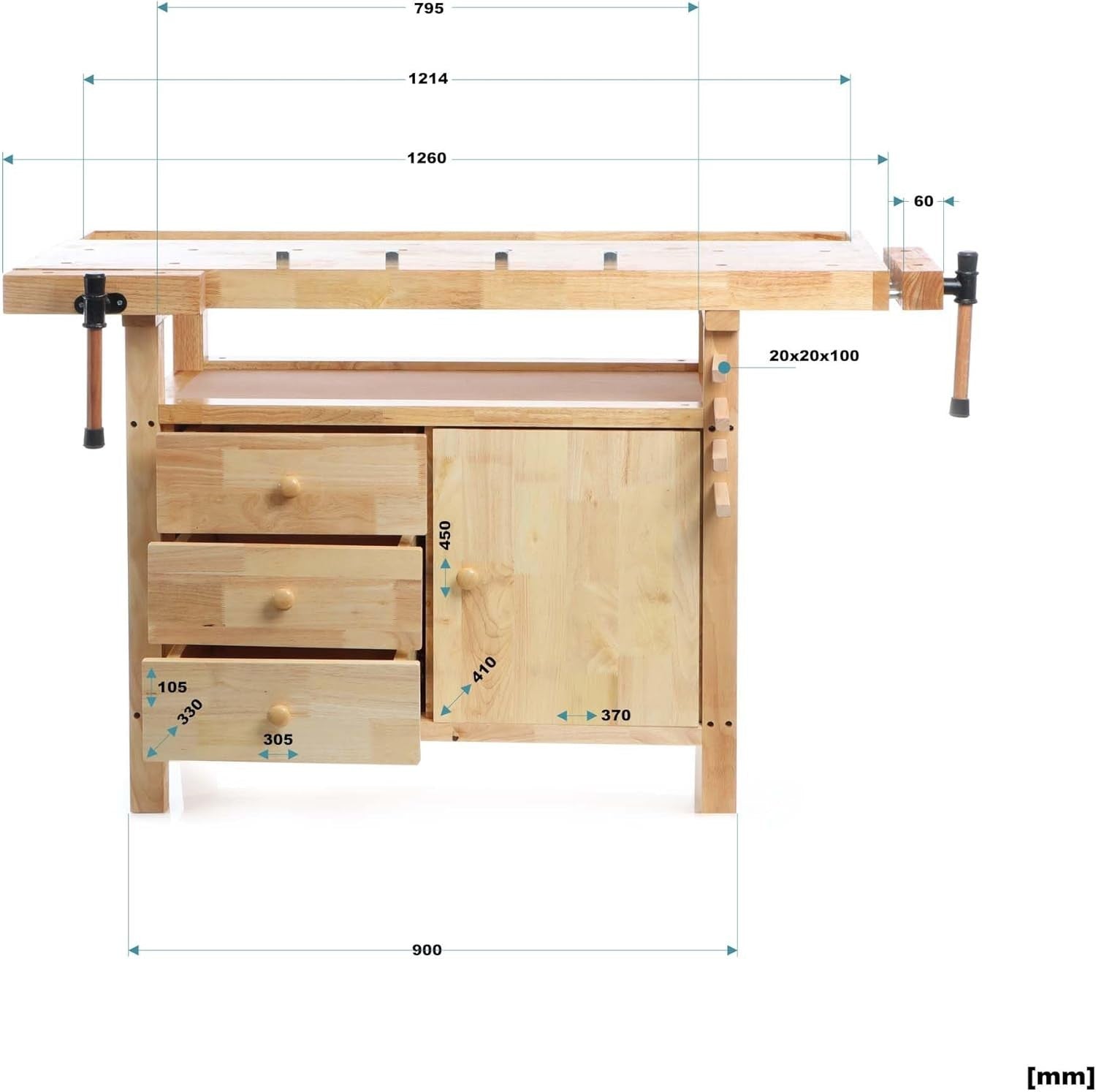 Wooden Planing Bench 126x50x84cm Workbench w/ Vices Hooks Drawers Storage