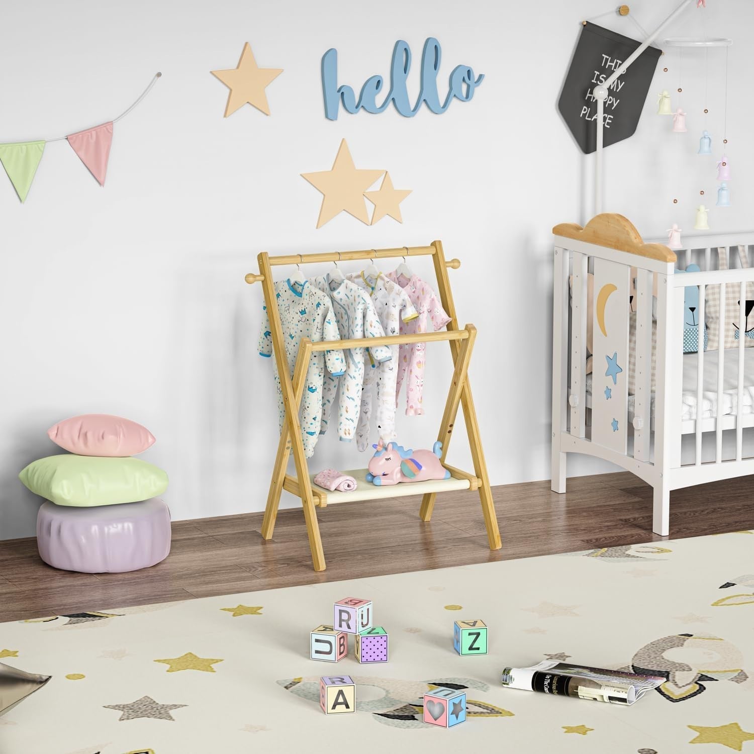 Baby Clothes Rack with Double Rods and Shelf, Natural Bamboo, Free-Standing