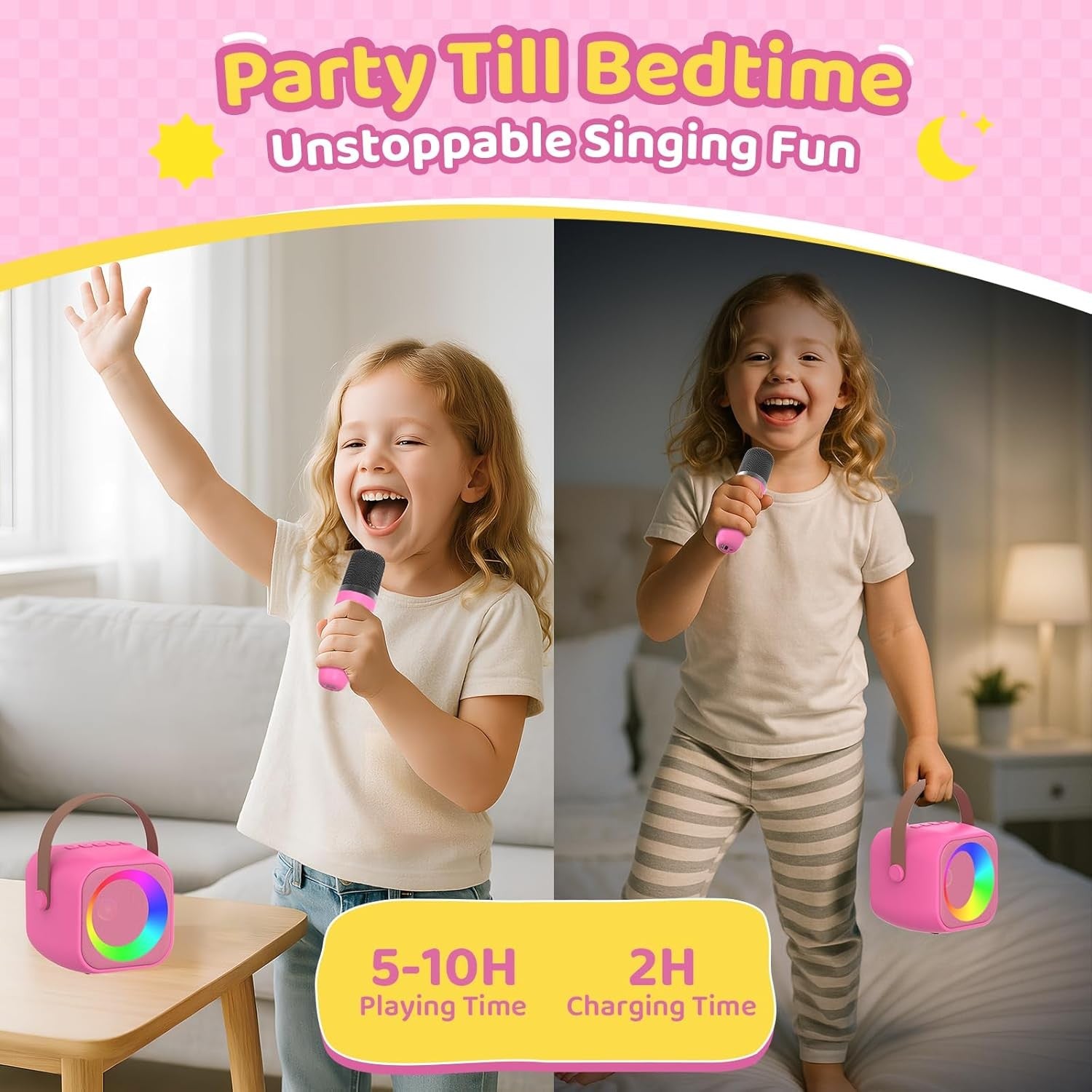 Girls Karaoke Speaker Set 2 Mics LED Party Music Player Gift