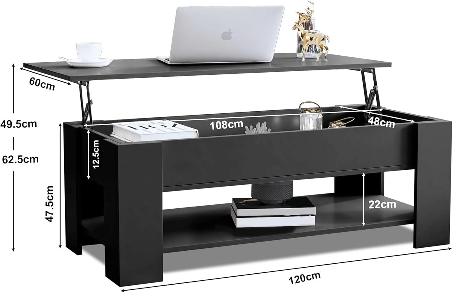 Lift Up Coffee Table with Storage, Black 120x60cm Adjustable Height