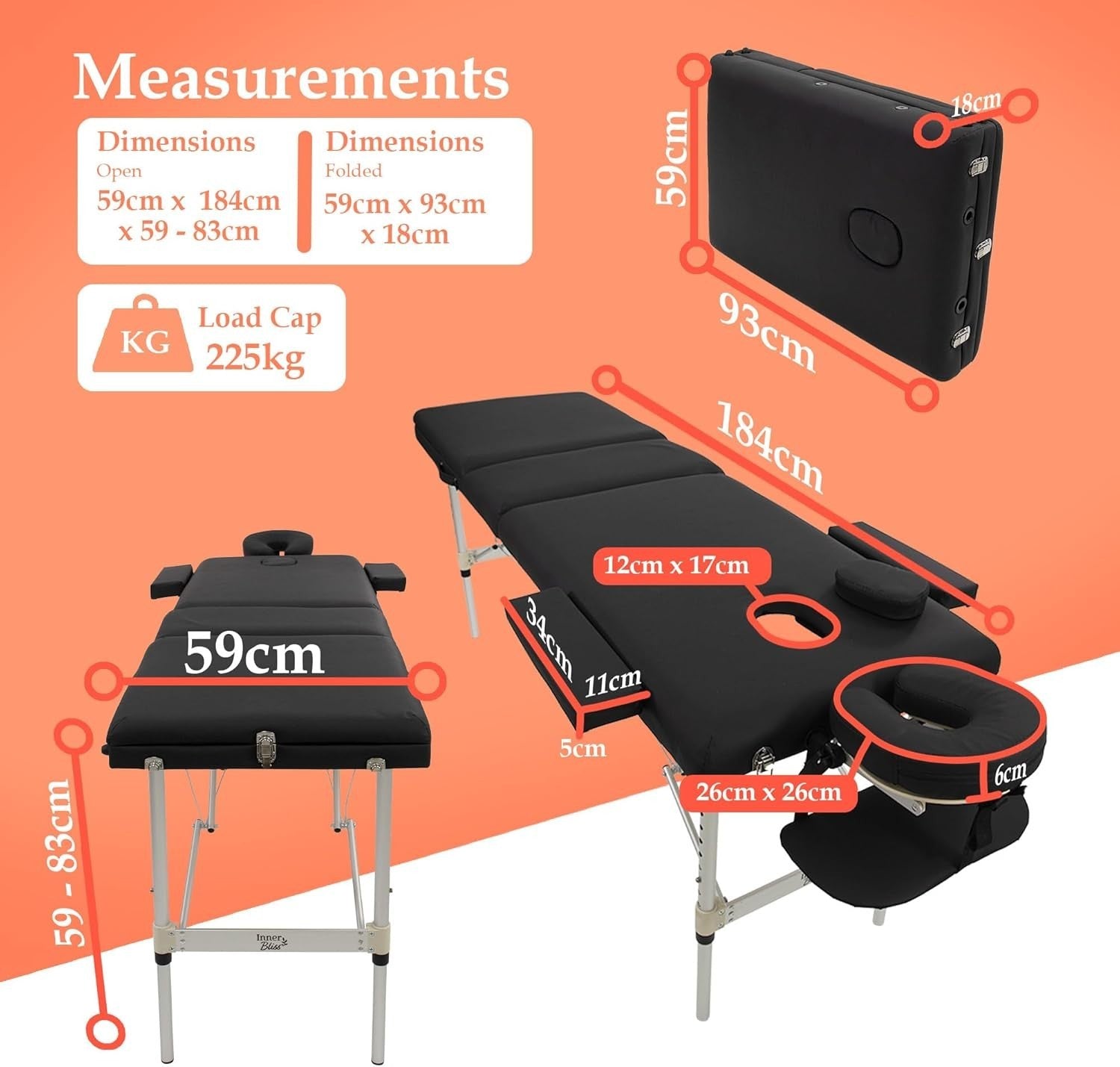 Portable 3-Section Massage Table Aluminium Folding Beauty Therapy Spa Bed Black