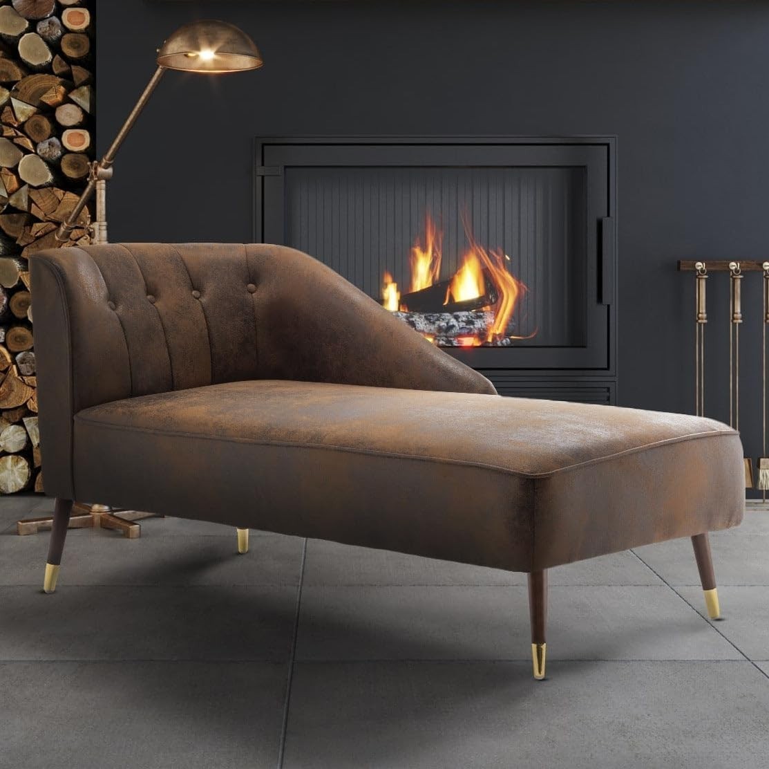 Brown Faux Leather Tufted Chaise Lounge Right Arm Small Sofa Bench 160cm