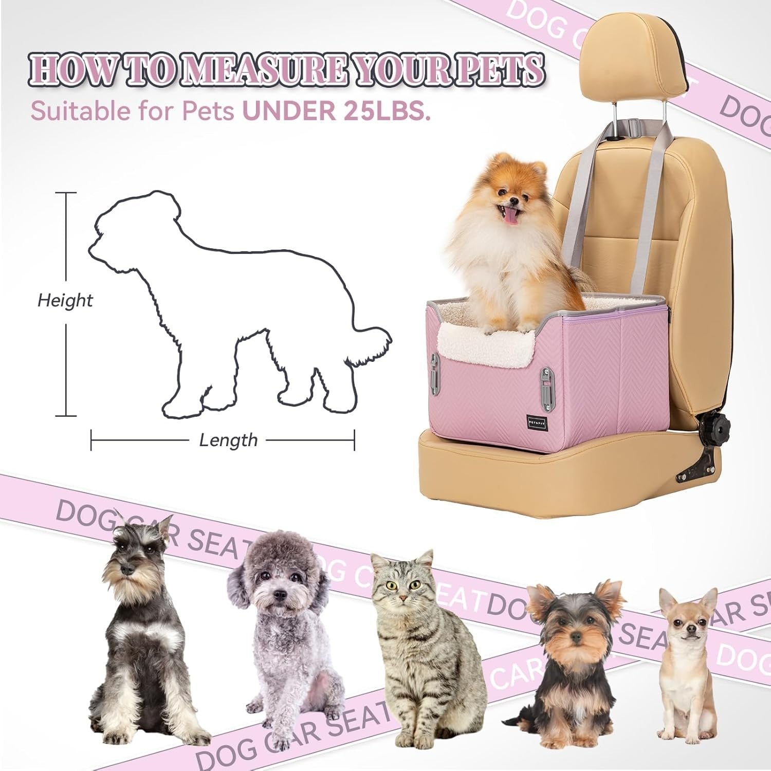 Pink Dog Booster Car Seat Adjustable Height Waterproof Travel Bed