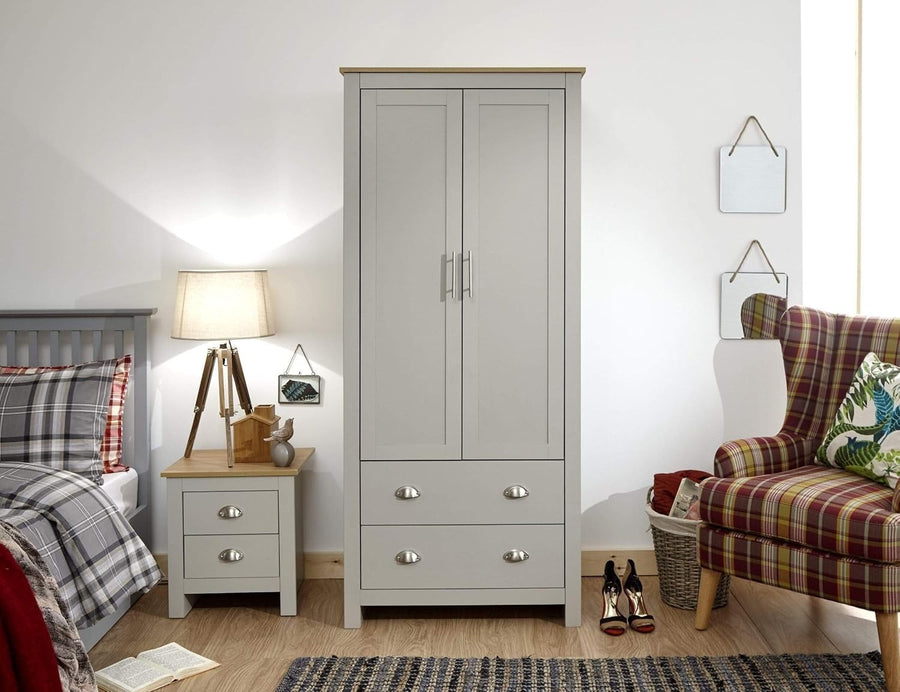 Grey Wardrobe with Drawers & Hanging Rail Oak Top Bedroom Storage