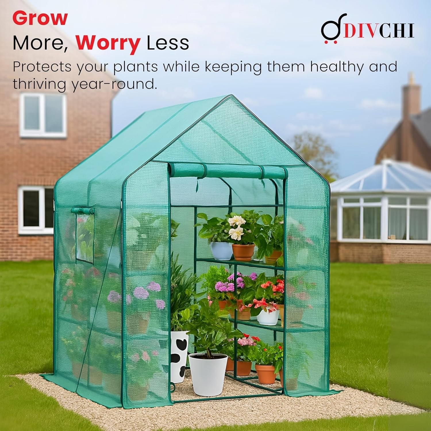 Walk-In Greenhouse 3 Tier 6 Shelves | Heavy Duty PE Cover Garden Growhouse